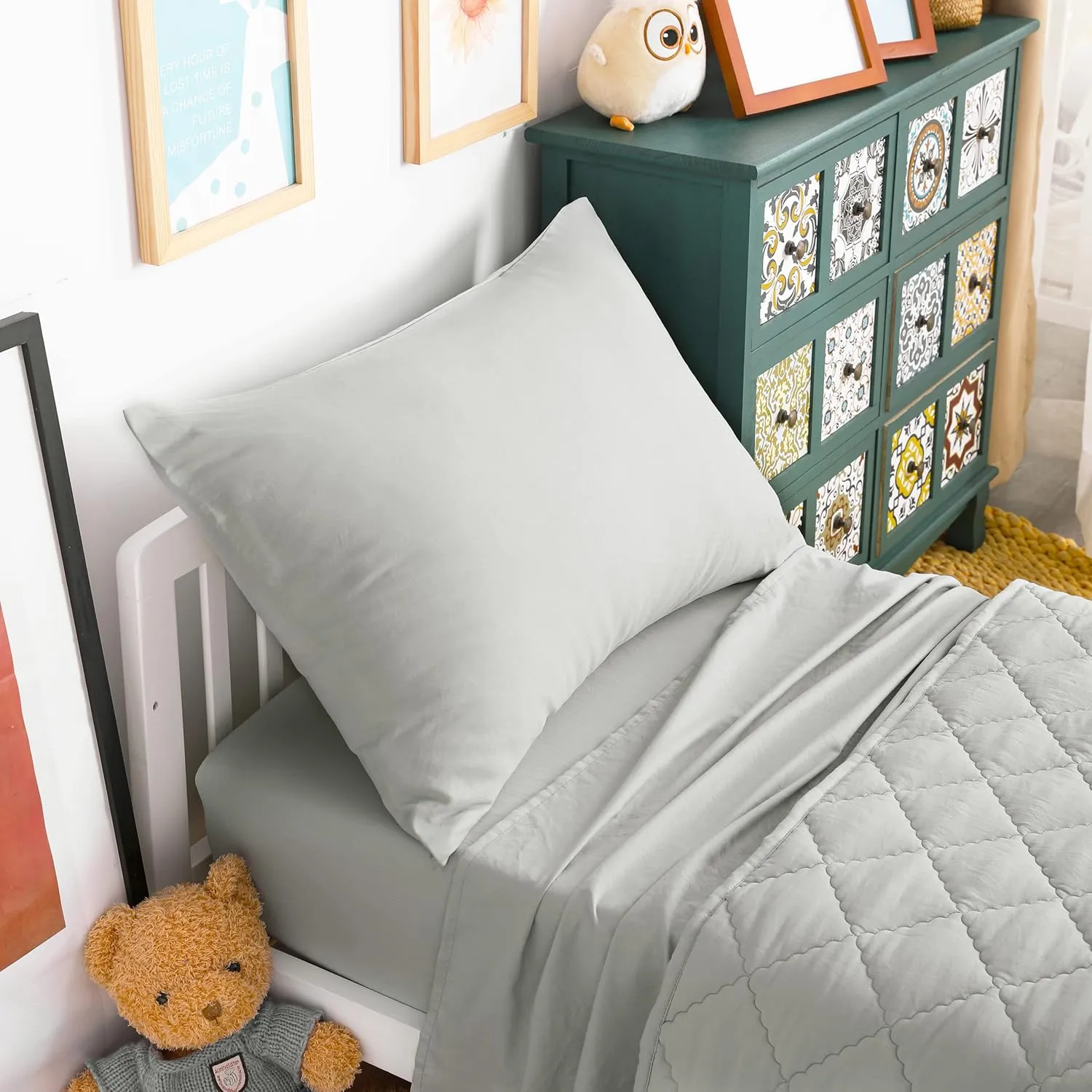 NTBAY Toddler Bedding Set - 4 Piece Soft and Breathable Crib Bedding Set for Boys and Girls, Includes Quilted Comforter, Fitted Sheet, Flat Top Sheet and Envelope Pillowcase, Light Grey