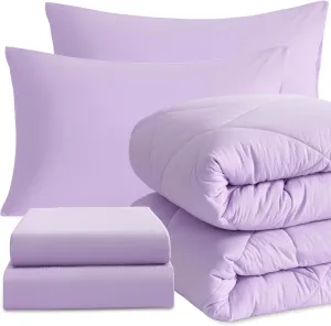 NTBAY Twin Comforter Set with Sheets, 5 Pieces Soft and Breathable Twin Bedding Set, Twin Bed in a Bag, Down Alternative Comforter Set Solid Color All Season, Kids Bedding Set, Light Purple
