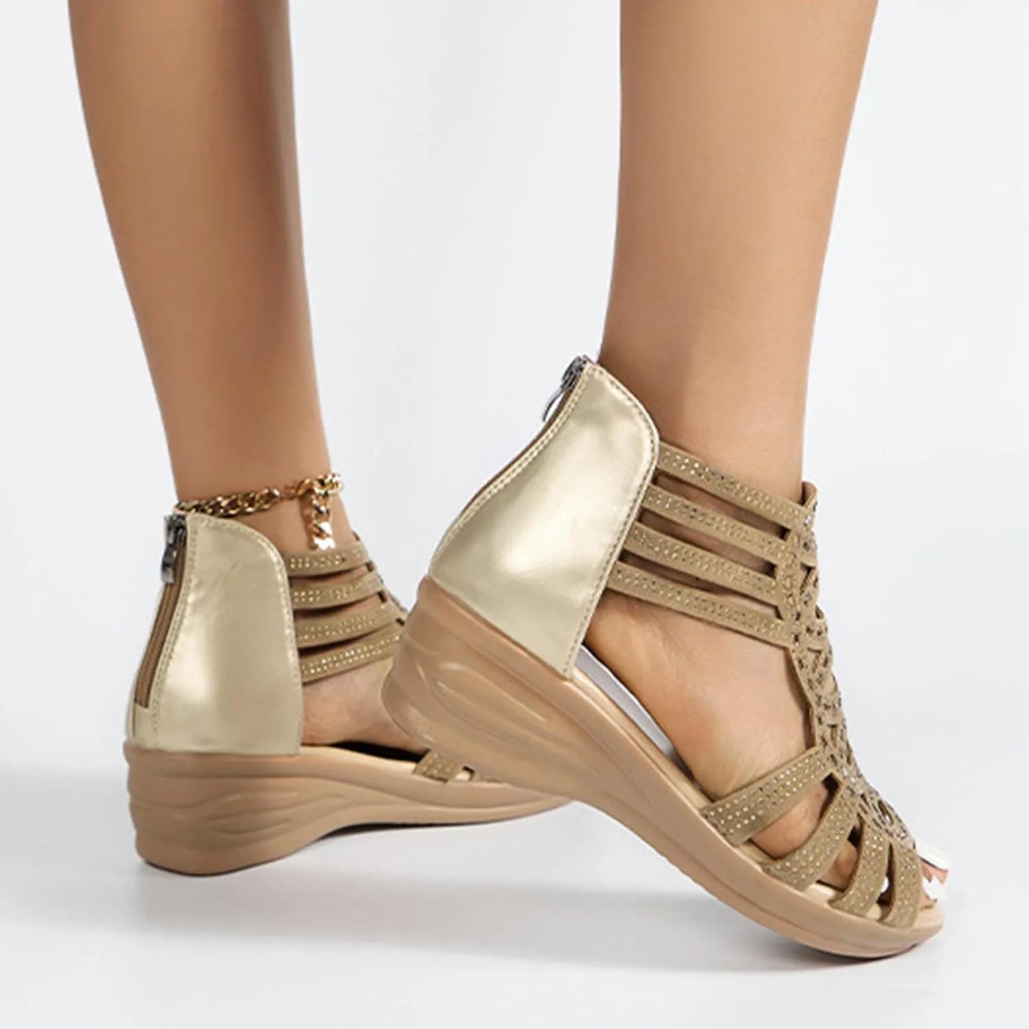 oiangi Wedge Sandals for Women Platform Rhinestones Hollow Out Fish Mouth Open Toe Back Zipper Sandals Summer Casual Comfortable Outdoor Ladies Shoes