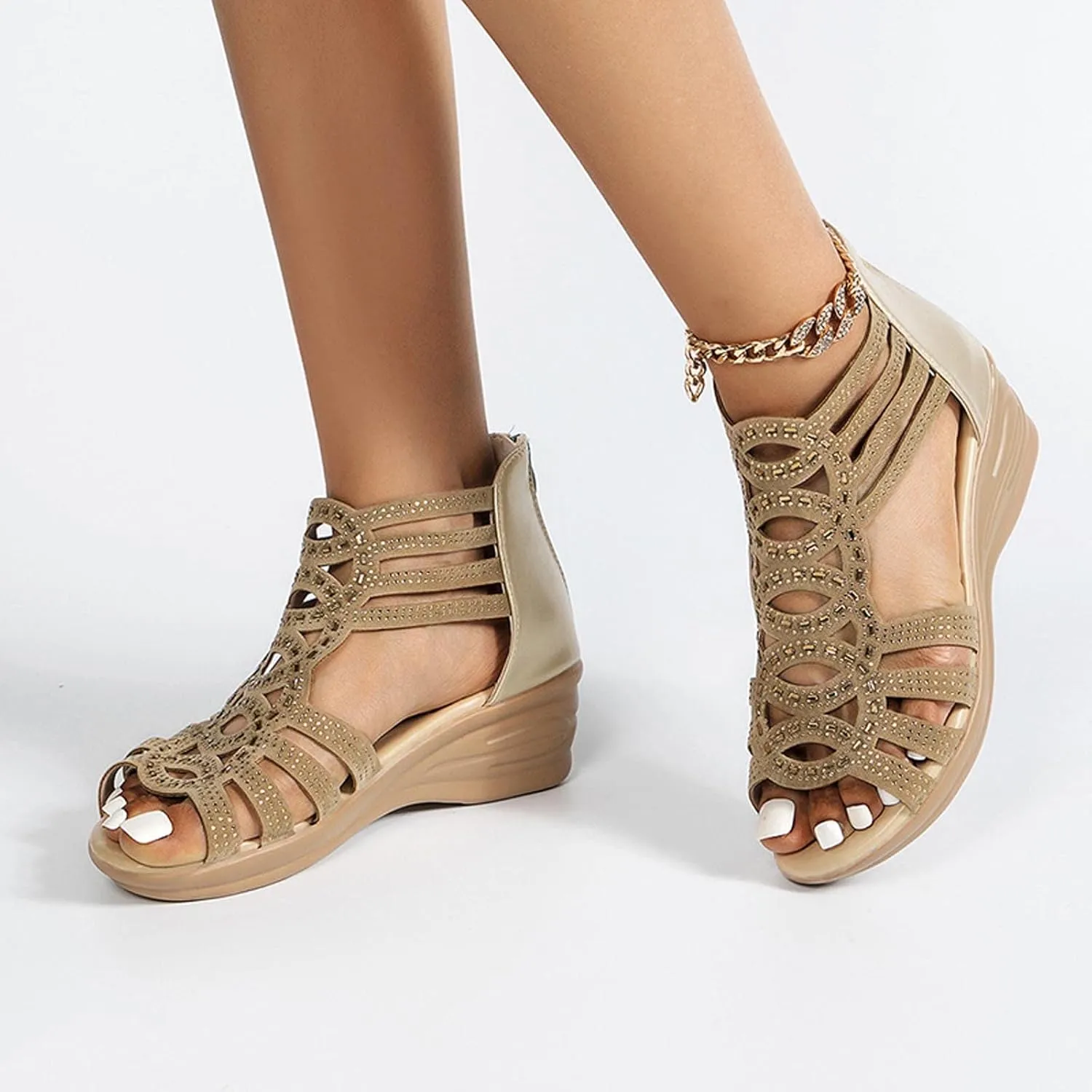 oiangi Wedge Sandals for Women Platform Rhinestones Hollow Out Fish Mouth Open Toe Back Zipper Sandals Summer Casual Comfortable Outdoor Ladies Shoes