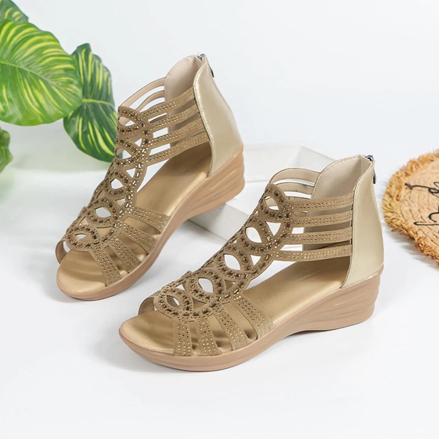 oiangi Wedge Sandals for Women Platform Rhinestones Hollow Out Fish Mouth Open Toe Back Zipper Sandals Summer Casual Comfortable Outdoor Ladies Shoes