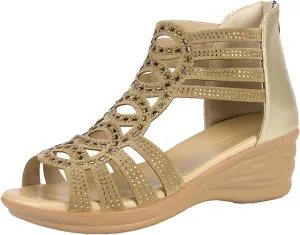 oiangi Wedge Sandals for Women Platform Rhinestones Hollow Out Fish Mouth Open Toe Back Zipper Sandals Summer Casual Comfortable Outdoor Ladies Shoes