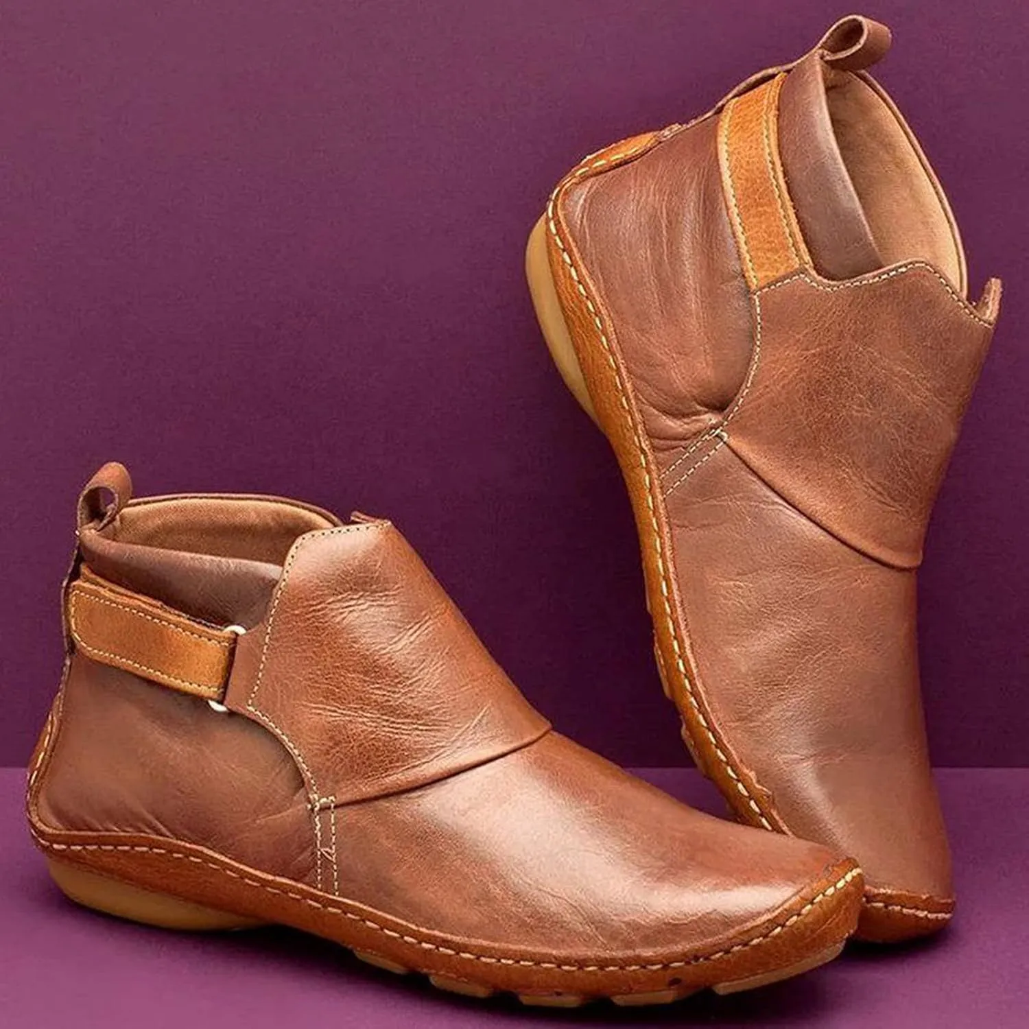 oiangi Womens Ankle Boots Fashion Buckle Strap Round Toe Low Wedge Heel Booties Retro Comfortable Casual Non-slip Riding Shoes