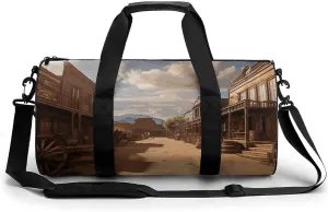 Old Wild West Cowboy Town Cylindrical Gym Bag Travel Duffel Bag with Dry Wet Separated Pocket for Men And Women Overnight Bag Weekender Bag Training Handbag Yoga Bag