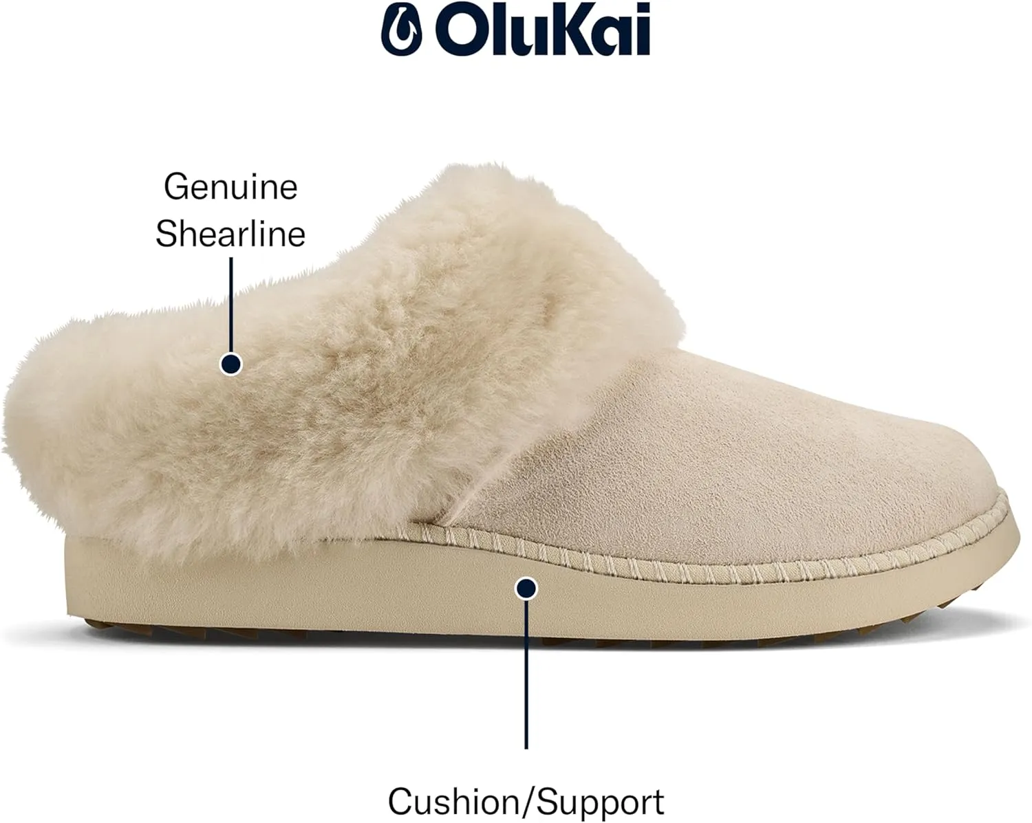 OLUKAI Ku'i Women's Slipper, Soft Full-Grain Leather & Wool Blend Footbed, Wet Grip Soles for Inside & Outside Wear, Cute & Comfortable Slip-On