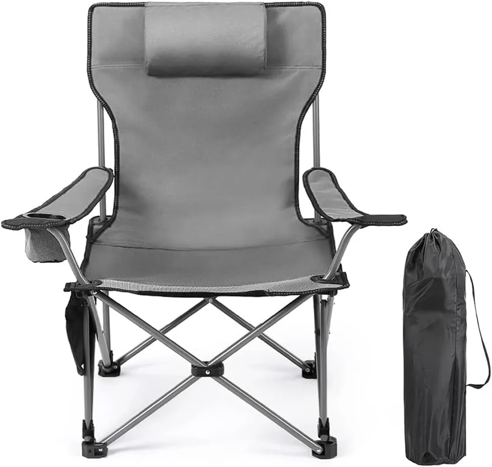 Outdoor Reclining Camping Chairs Adjustable 2 Position Foldable Adults Lounge with Cup Holder and Headrest 264 LBS Capacity (Color : Gray)