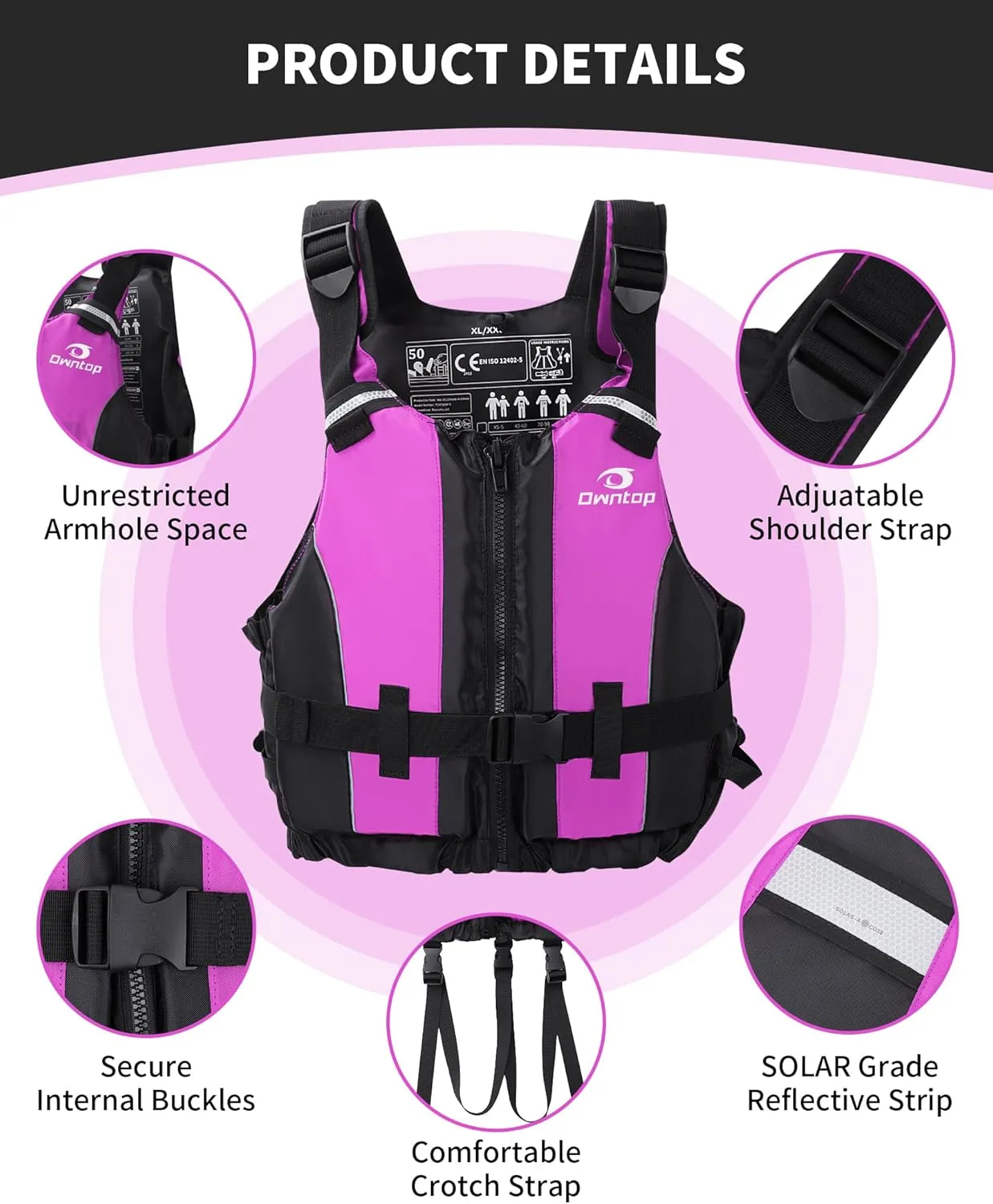 Owntop Swim Jacket Adult | Adjustable Crotch Strap | Large Armhole | Sturdy Zipper & Buckle | Kayak, Boating, Fishing, Paddle Sports