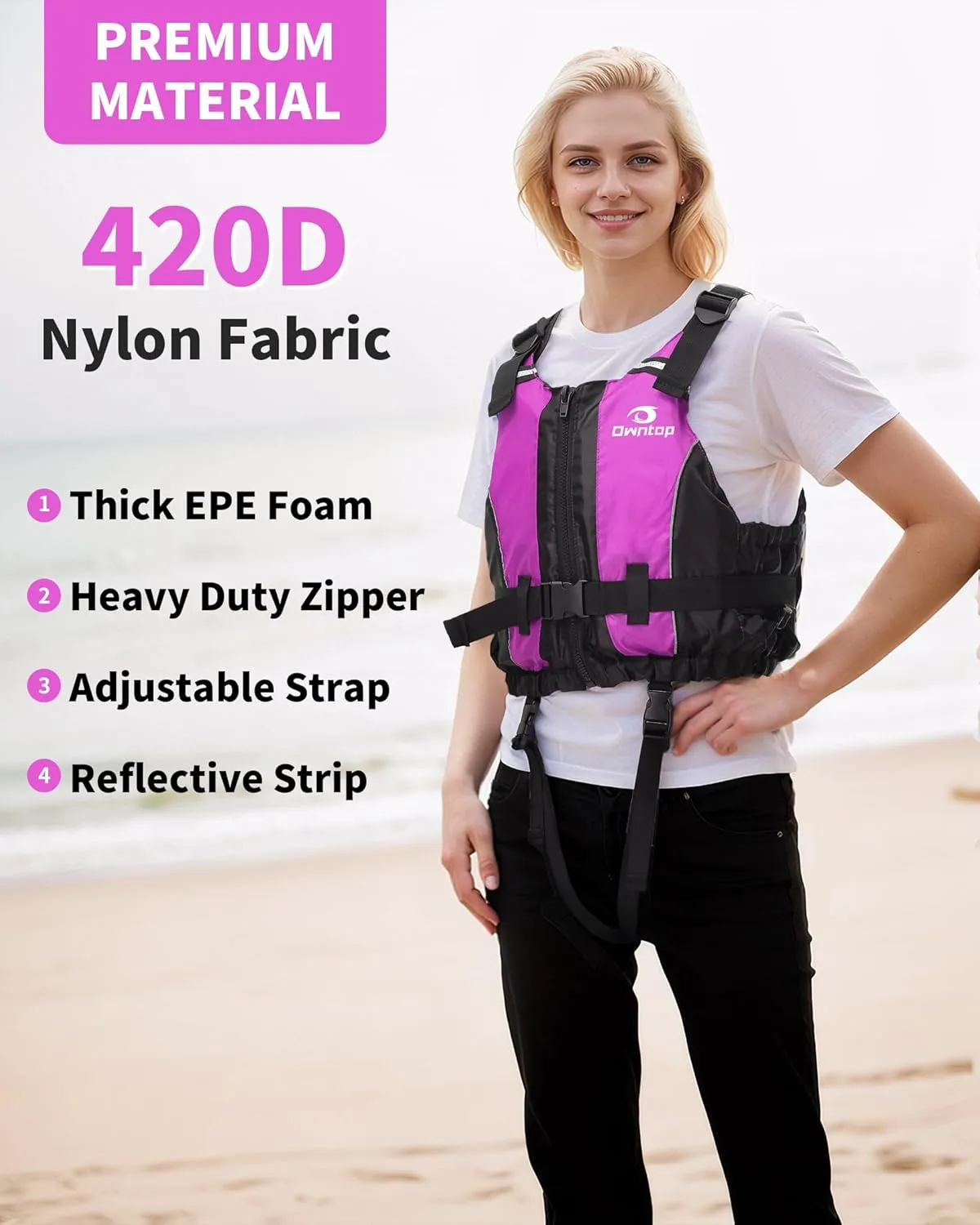 Owntop Swim Jacket Adult | Adjustable Crotch Strap | Large Armhole | Sturdy Zipper & Buckle | Kayak, Boating, Fishing, Paddle Sports