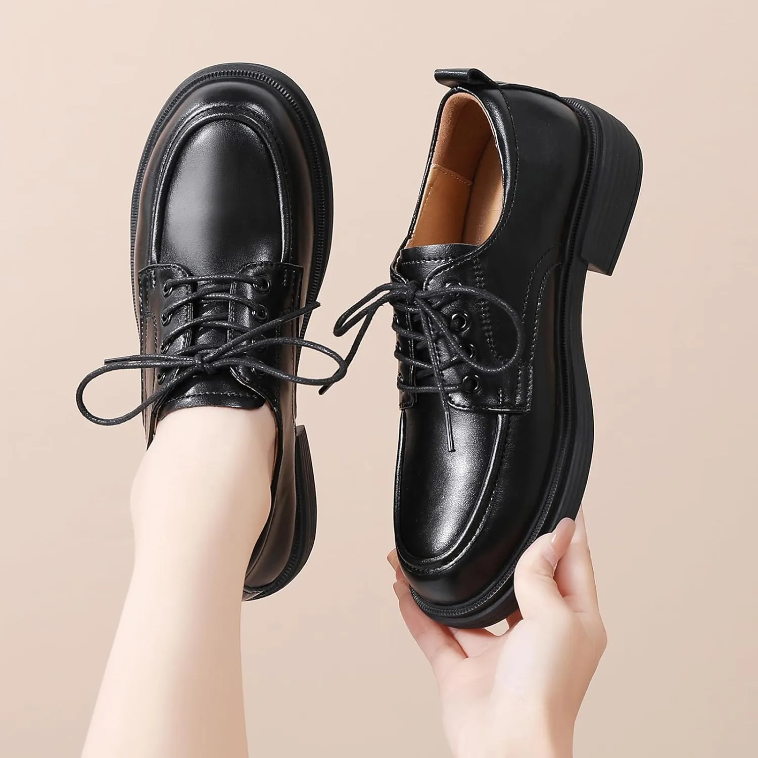 Oxford Shoes for Women Womens Oxford Shoes Lace-Up Round Toe Leather Flat Non-Slip Fashion Classic Business Casual Comfortable Dressy Office Work Ladies Shoes