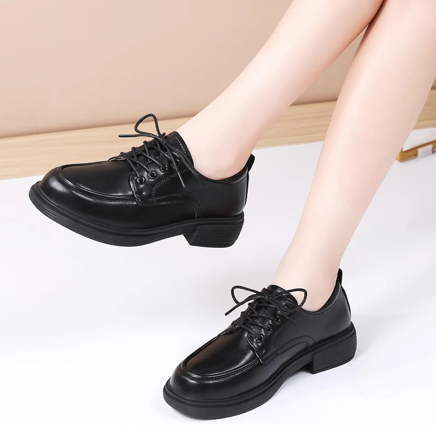 Oxford Shoes for Women Womens Oxford Shoes Lace-Up Round Toe Leather Flat Non-Slip Fashion Classic Business Casual Comfortable Dressy Office Work Ladies Shoes