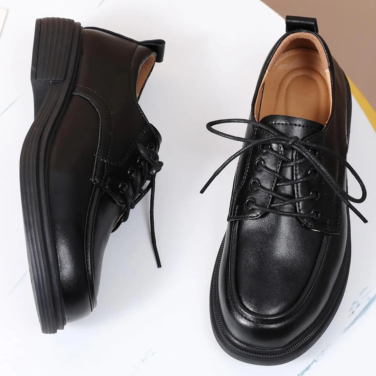 Oxford Shoes for Women Womens Oxford Shoes Lace-Up Round Toe Leather Flat Non-Slip Fashion Classic Business Casual Comfortable Dressy Office Work Ladies Shoes