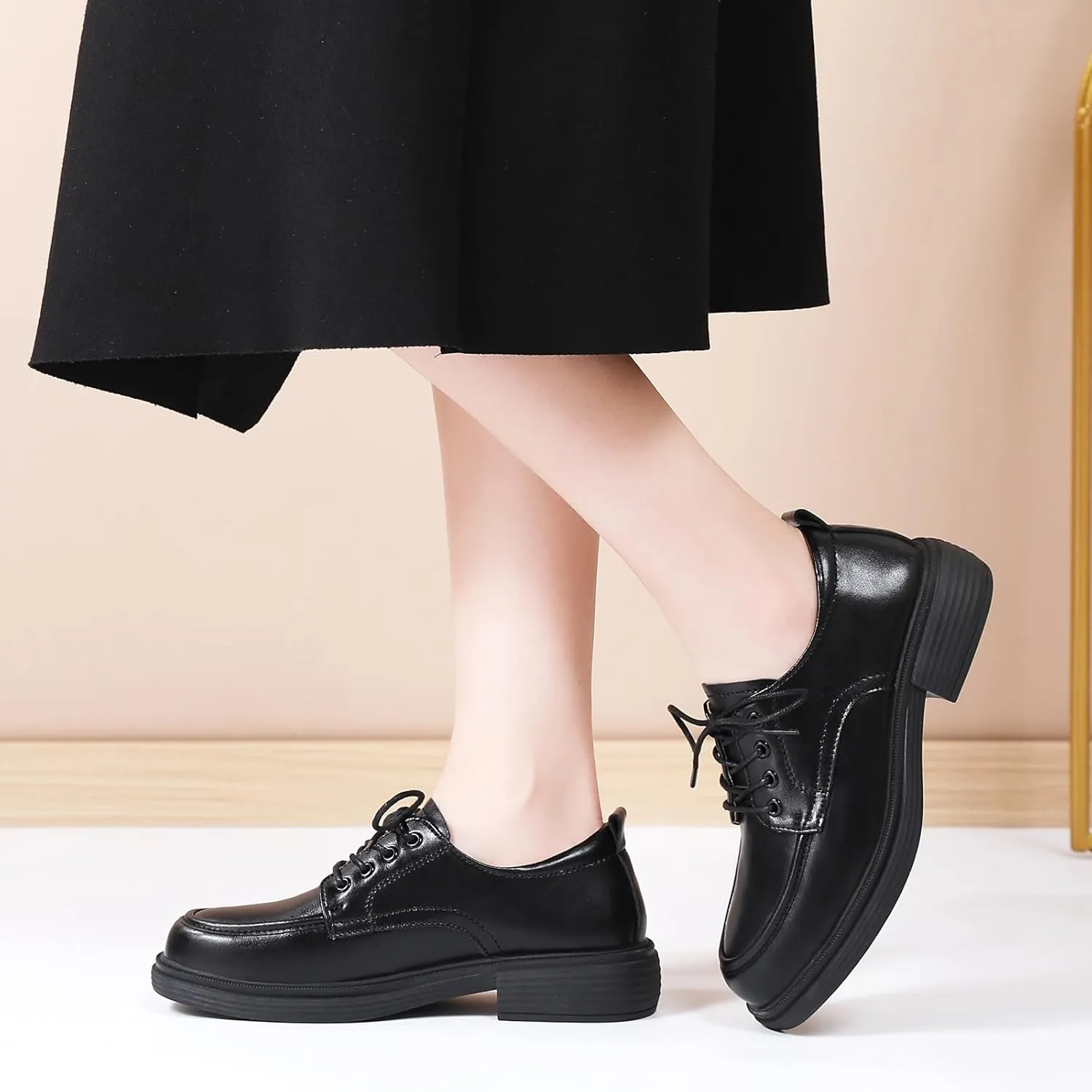 Oxford Shoes for Women Womens Oxford Shoes Lace-Up Round Toe Leather Flat Non-Slip Fashion Classic Business Casual Comfortable Dressy Office Work Ladies Shoes