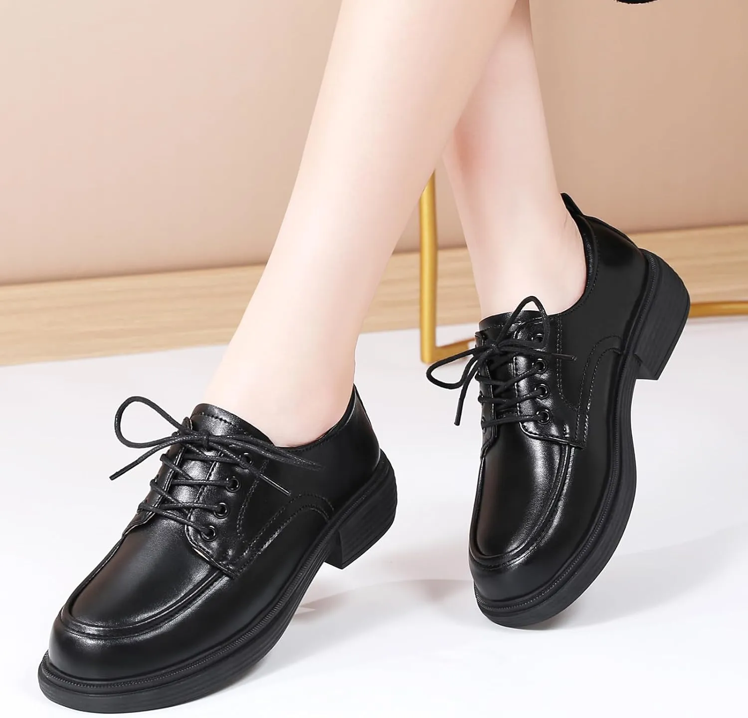 Oxford Shoes for Women Womens Oxford Shoes Lace-Up Round Toe Leather Flat Non-Slip Fashion Classic Business Casual Comfortable Dressy Office Work Ladies Shoes
