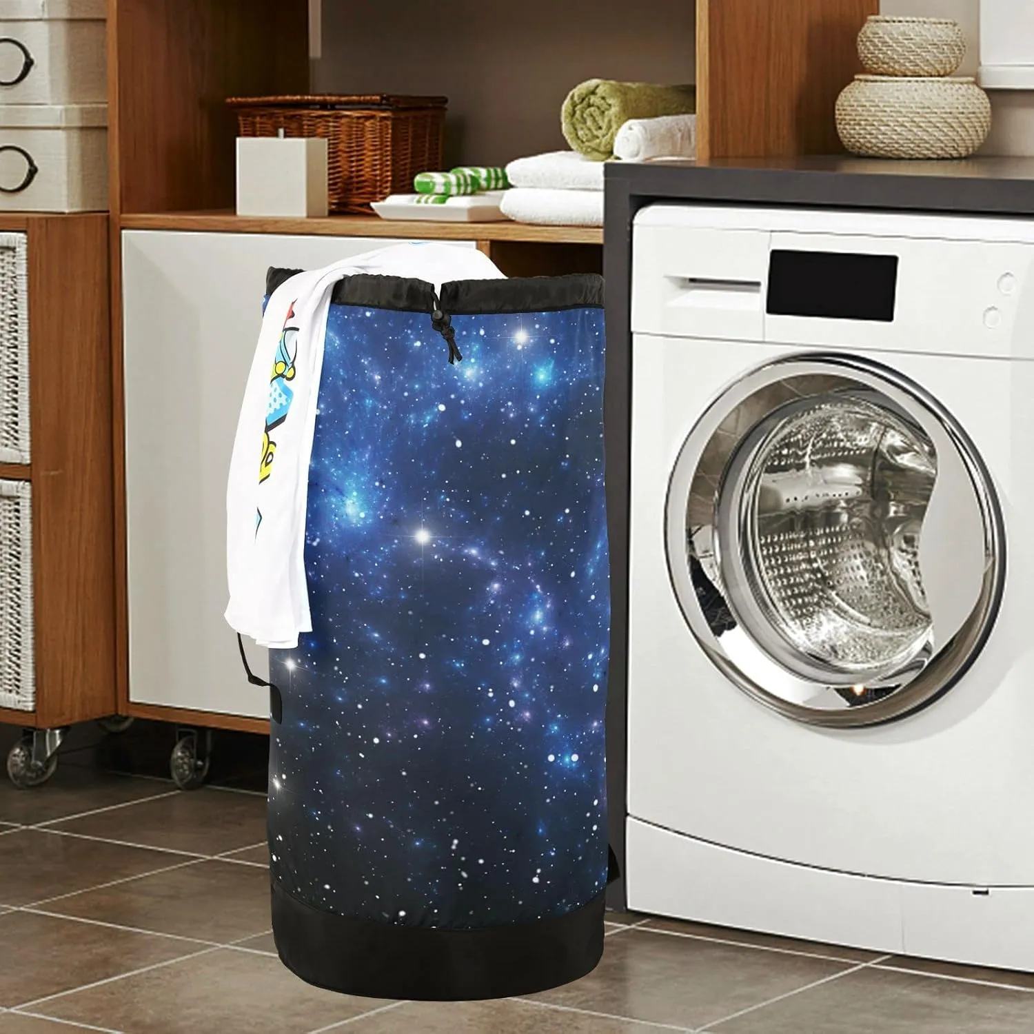 Oyihfvs Black Blue Galaxy Space Shiny Stars Nebula White Glaring Stars Backpack Laundry Bag, Laundry Backpack with Shoulder Straps, Waterproof Nylon Clothes Hamper Bag for Men Women Yoga Backpack