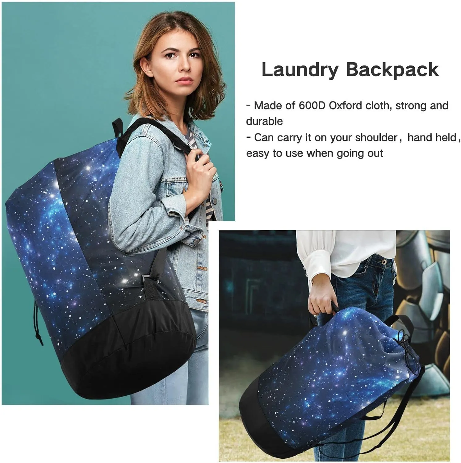 Oyihfvs Black Blue Galaxy Space Shiny Stars Nebula White Glaring Stars Backpack Laundry Bag, Laundry Backpack with Shoulder Straps, Waterproof Nylon Clothes Hamper Bag for Men Women Yoga Backpack