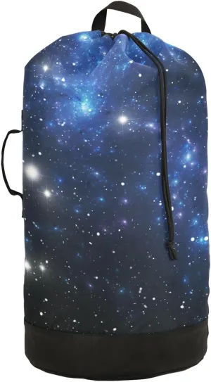 Oyihfvs Black Blue Galaxy Space Shiny Stars Nebula White Glaring Stars Backpack Laundry Bag, Laundry Backpack with Shoulder Straps, Waterproof Nylon Clothes Hamper Bag for Men Women Yoga Backpack