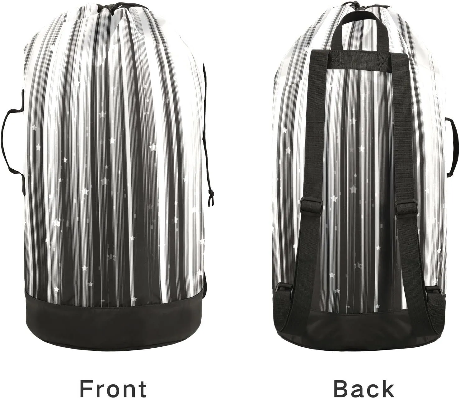 Oyihfvs Black White Gradient Stripes with Shiny Stars and Sparkle Lights Backpack Laundry Bag, Laundry Backpack with Shoulder Straps, Waterproof Nylon Clothes Hamper Bag for Men Women Yoga Backpack