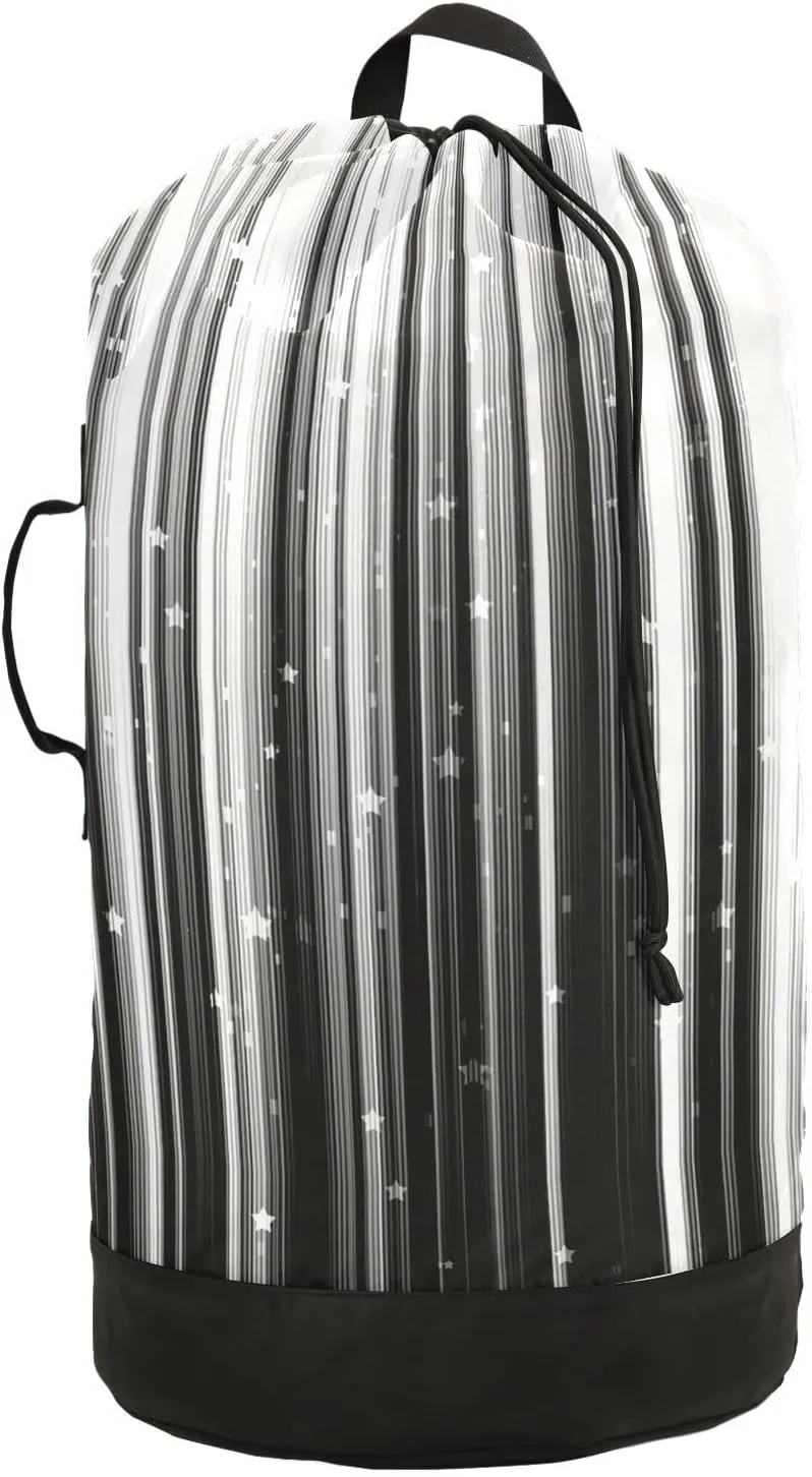 Oyihfvs Black White Gradient Stripes with Shiny Stars and Sparkle Lights Backpack Laundry Bag, Laundry Backpack with Shoulder Straps, Waterproof Nylon Clothes Hamper Bag for Men Women Yoga Backpack