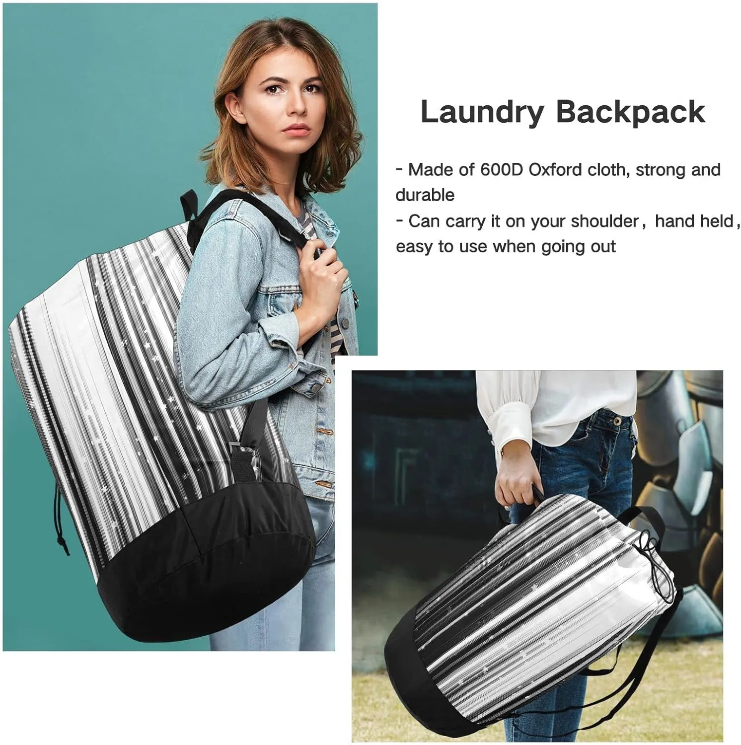 Oyihfvs Black White Gradient Stripes with Shiny Stars and Sparkle Lights Backpack Laundry Bag, Laundry Backpack with Shoulder Straps, Waterproof Nylon Clothes Hamper Bag for Men Women Yoga Backpack