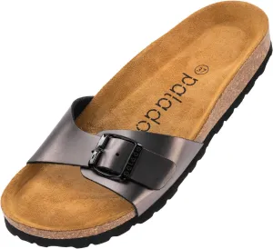 Palado® Malta Women's Mules | Made in EU | Sandals in Many Summer Colours | 1 Strap Sandals with Cork Footbed | Women's Slippers with Leather Outsole, Metallic Antra, 12 US