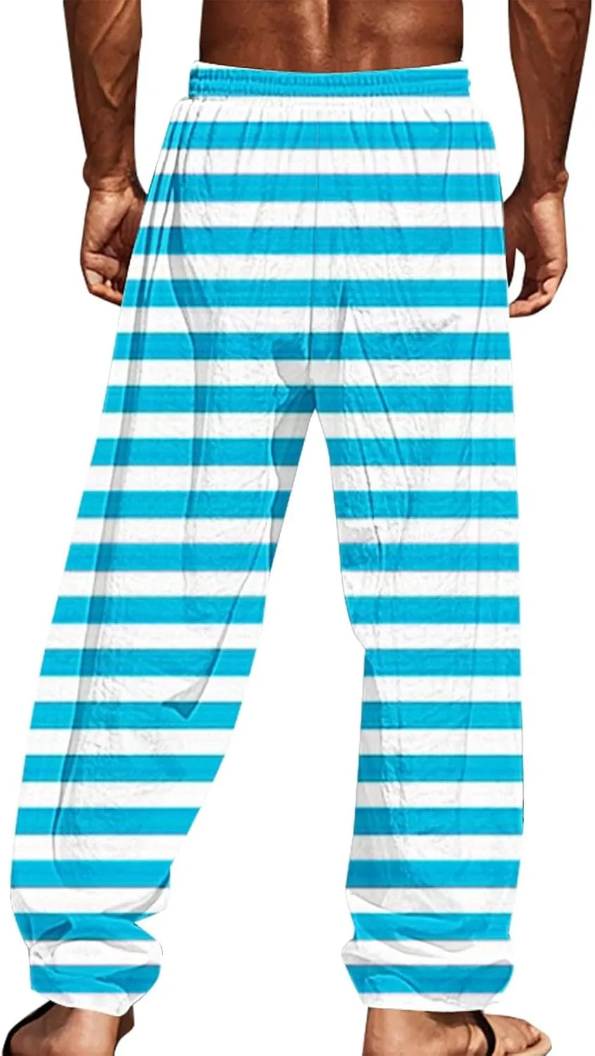 Pants for Men Casual Linen Stripe Camo Drawstring Wide Leg Trousers Loose Fit Breathable Hawaii Beach Vacation Pants