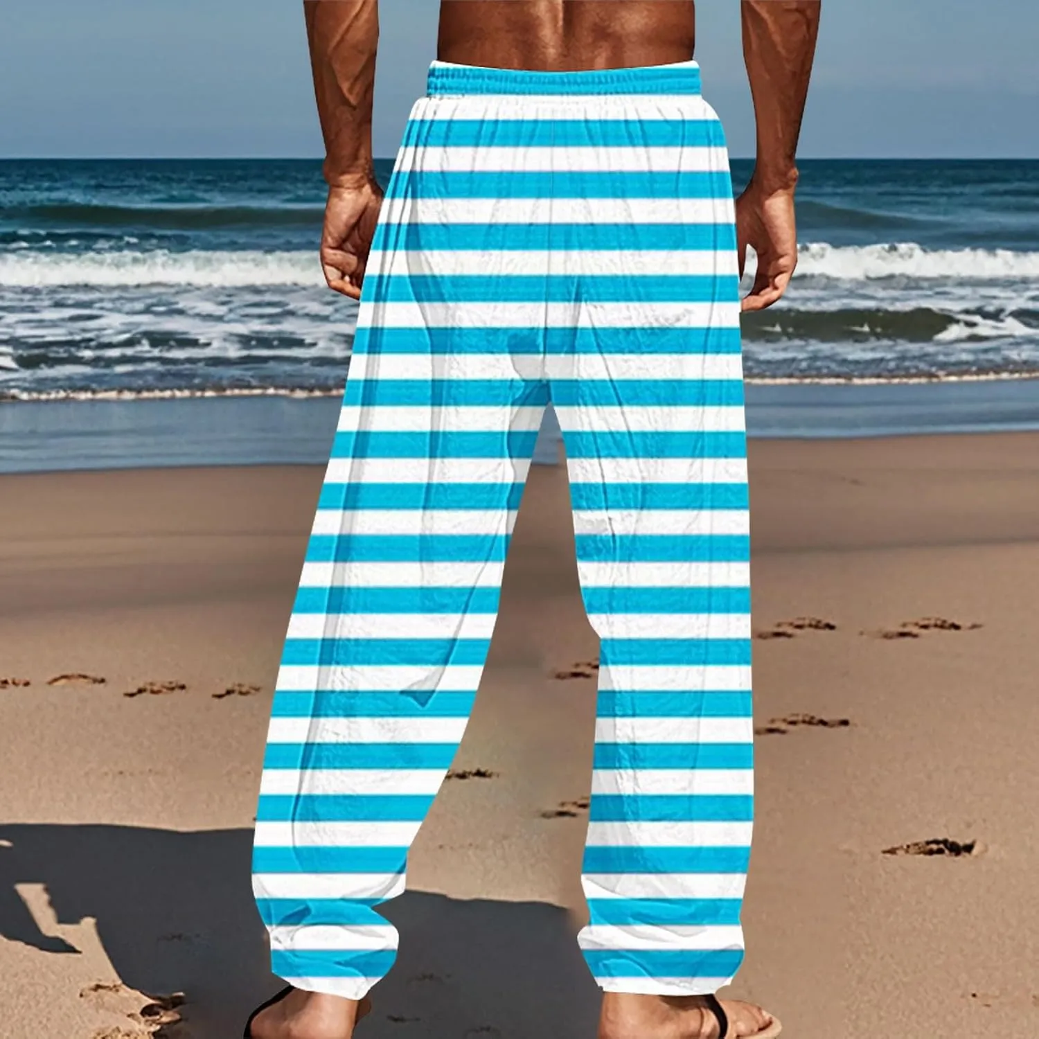 Pants for Men Casual Linen Stripe Camo Drawstring Wide Leg Trousers Loose Fit Breathable Hawaii Beach Vacation Pants