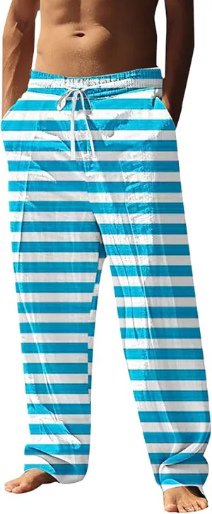 Pants for Men Casual Linen Stripe Camo Drawstring Wide Leg Trousers Loose Fit Breathable Hawaii Beach Vacation Pants