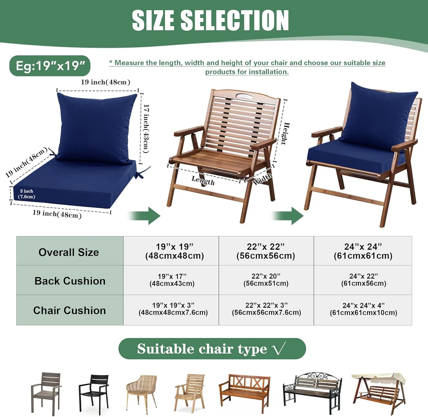 Patio Chair Cushion Set with Removable Cover, Waterproof Backrest and Seat Cushion Set Replacement for Outdoor Furniture, 19 x 19 Inch, Navy, 1 Set