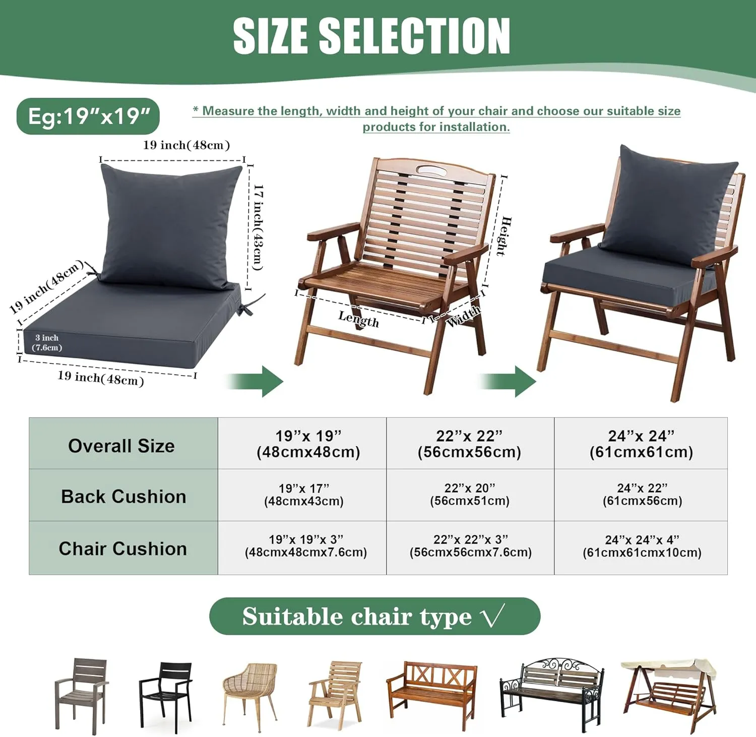 Patio Chair Cushions, Water Resistant Backrest Pillow and Seat Cushion Set for Outdoor Furniture, Sectional Sofa Cushion Replacments, 24 x 24 Inch, Dark Grey, 1 Set