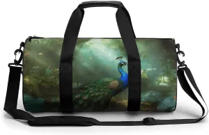 Peacock in Forest Cylindrical Gym Bag Travel Duffel Bag with Dry Wet Separated Pocket for Men And Women Overnight Bag Weekender Bag Training Handbag Yoga Bag