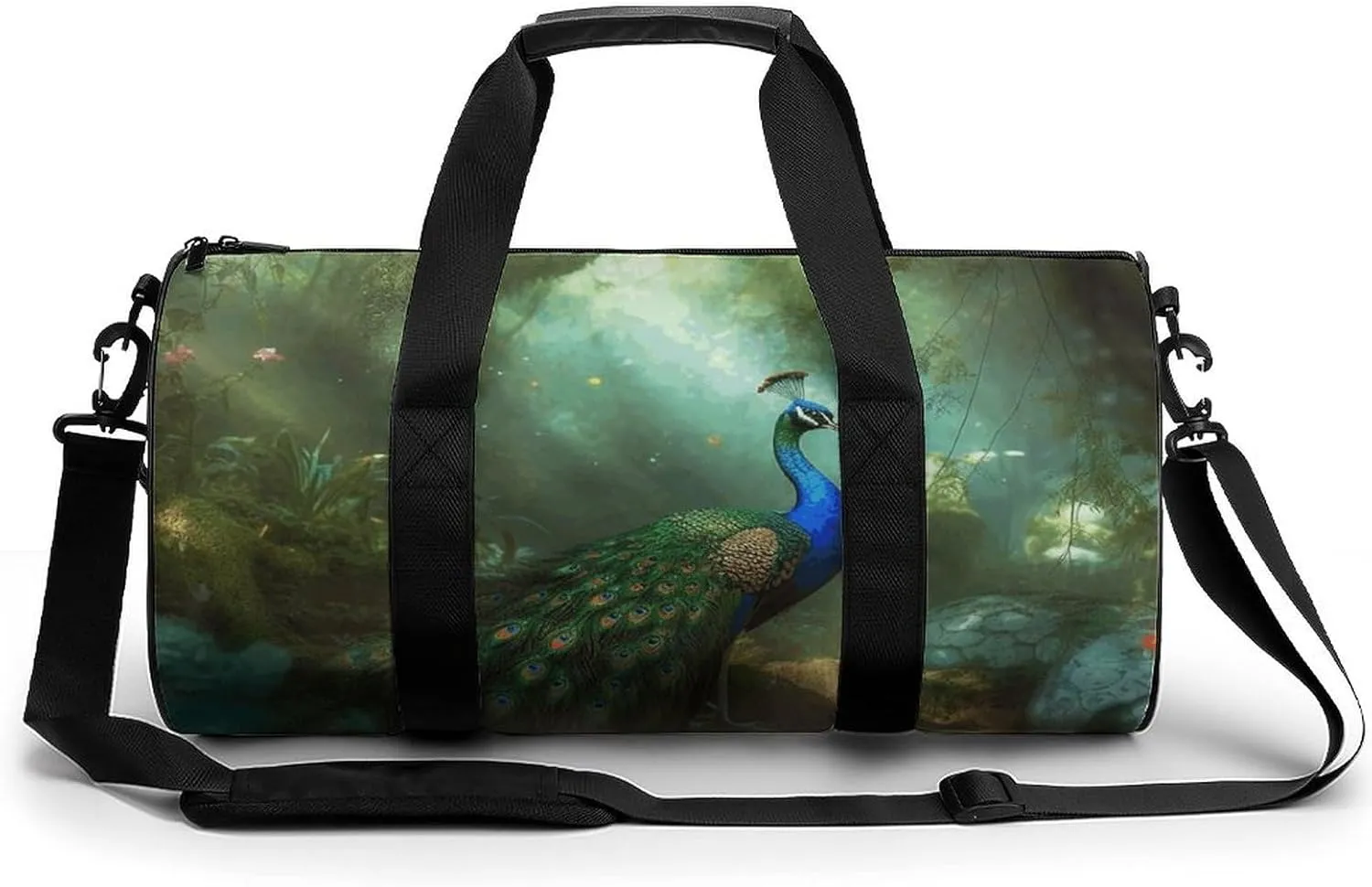 Peacock in Forest Cylindrical Gym Bag Travel Duffel Bag with Dry Wet Separated Pocket for Men And Women Overnight Bag Weekender Bag Training Handbag Yoga Bag