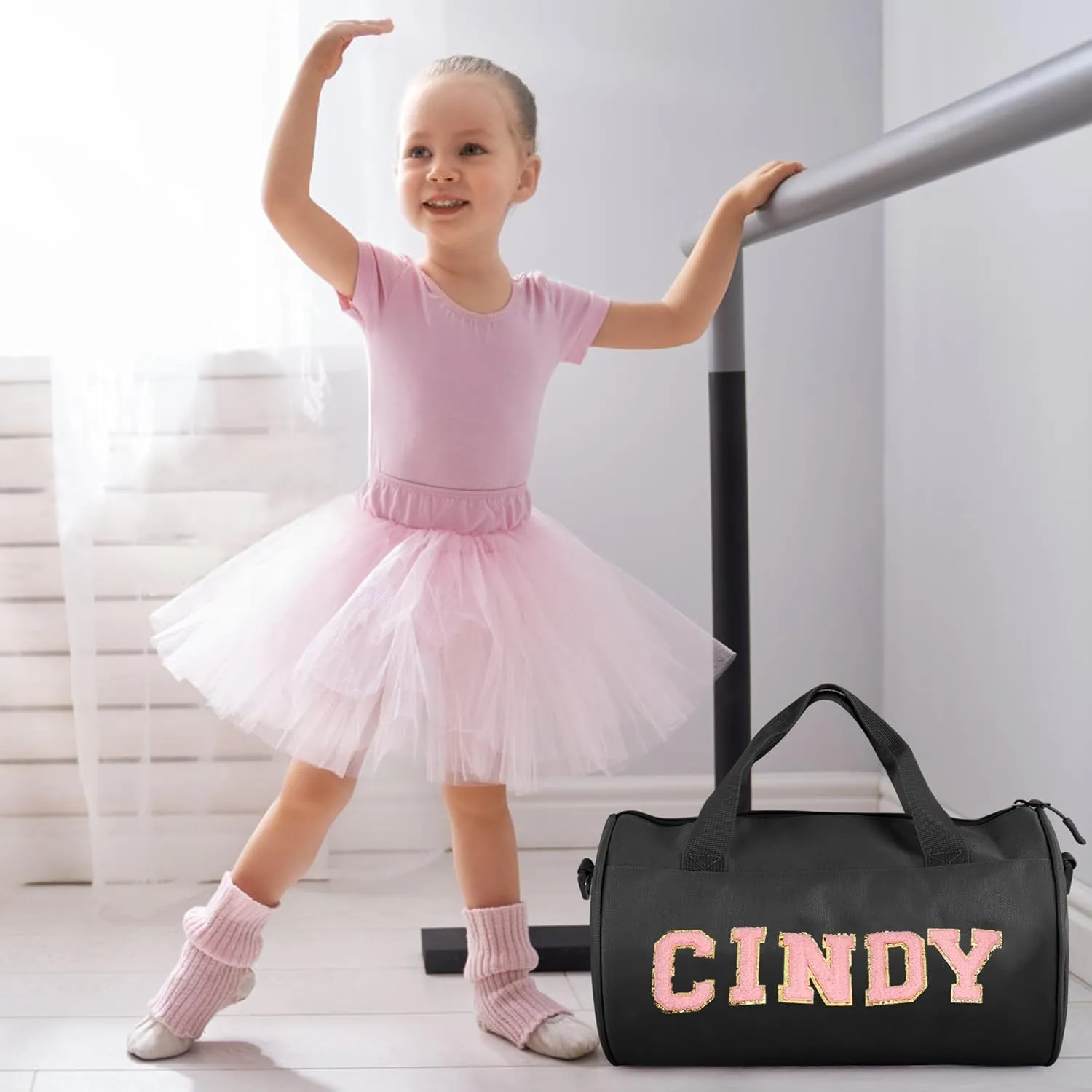 Personalized Dance Ballet Bag for Girls Boys, Kids Cute Travel Duffel Bag, Sport Duffle Bag, Gym Bag, Weekender Overnight Bag Gift with Letter Name Patches (black)