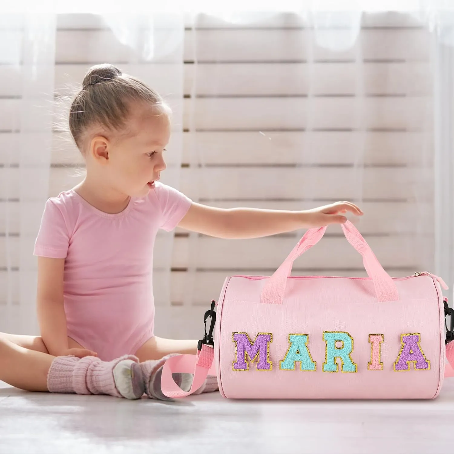 Personalized Dance Ballet Bag for Girls Boys, Kids Cute Travel Duffel Bag, Sport Duffle Bag, Gym Bag, Weekender Overnight Bag Gift with Letter Name Patches (pink)