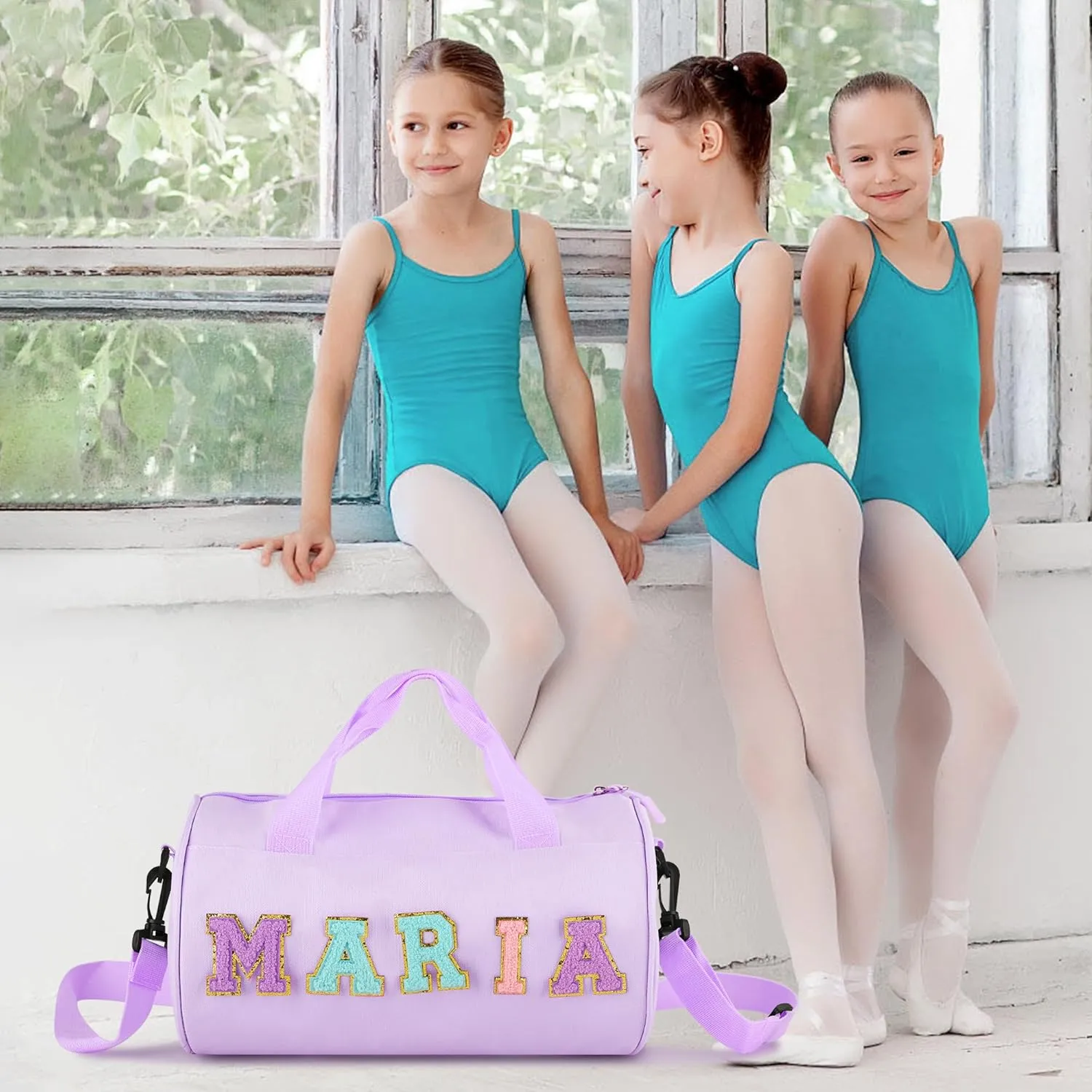 Personalized Dance Ballet Bag for Girls Boys, Kids Cute Travel Duffel Bag, Sport Duffle Bag, Gym Bag, Weekender Overnight Bag Gift with Letter Name Patches (purple)