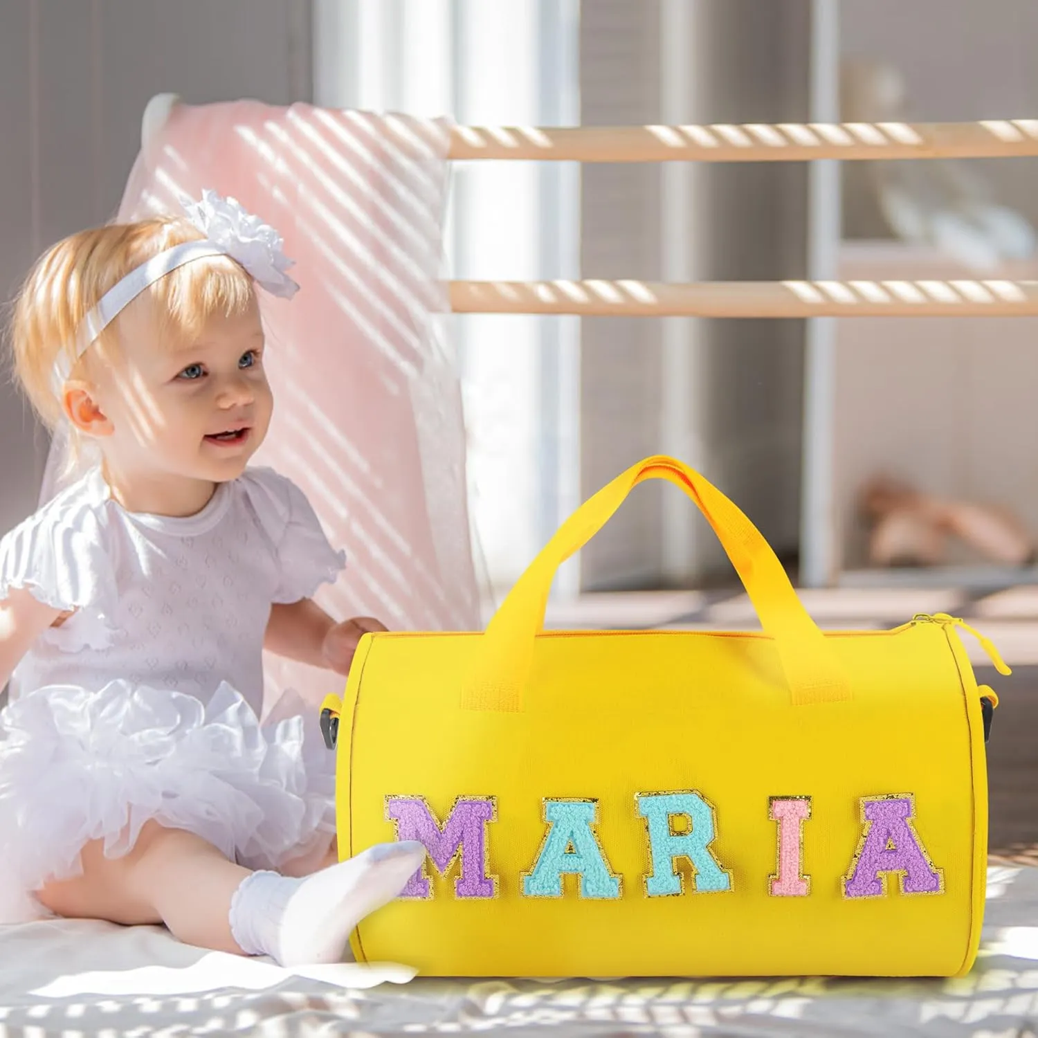Personalized Dance Ballet Bag for Girls Boys, Kids Cute Travel Duffel Bag, Sport Duffle Bag, Gym Bag, Weekender Overnight Bag Gift with Letter Name Patches (yellow)