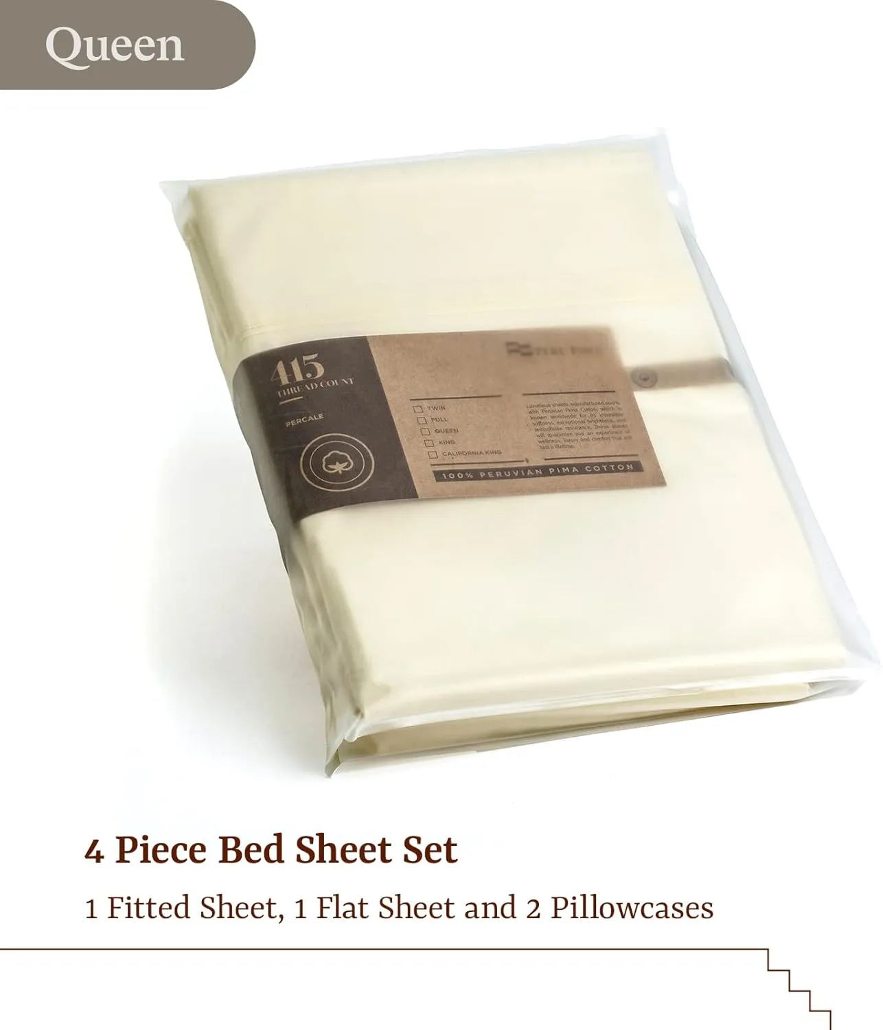 Peru Pima Bed Sheet Set – Queen Size, 4 Pieces, 100% Peruvian Pima Cotton, Percale, 415 Thread Count, Cooling, Breathable & Soft, Hotel-Quality Bedding, Ivory