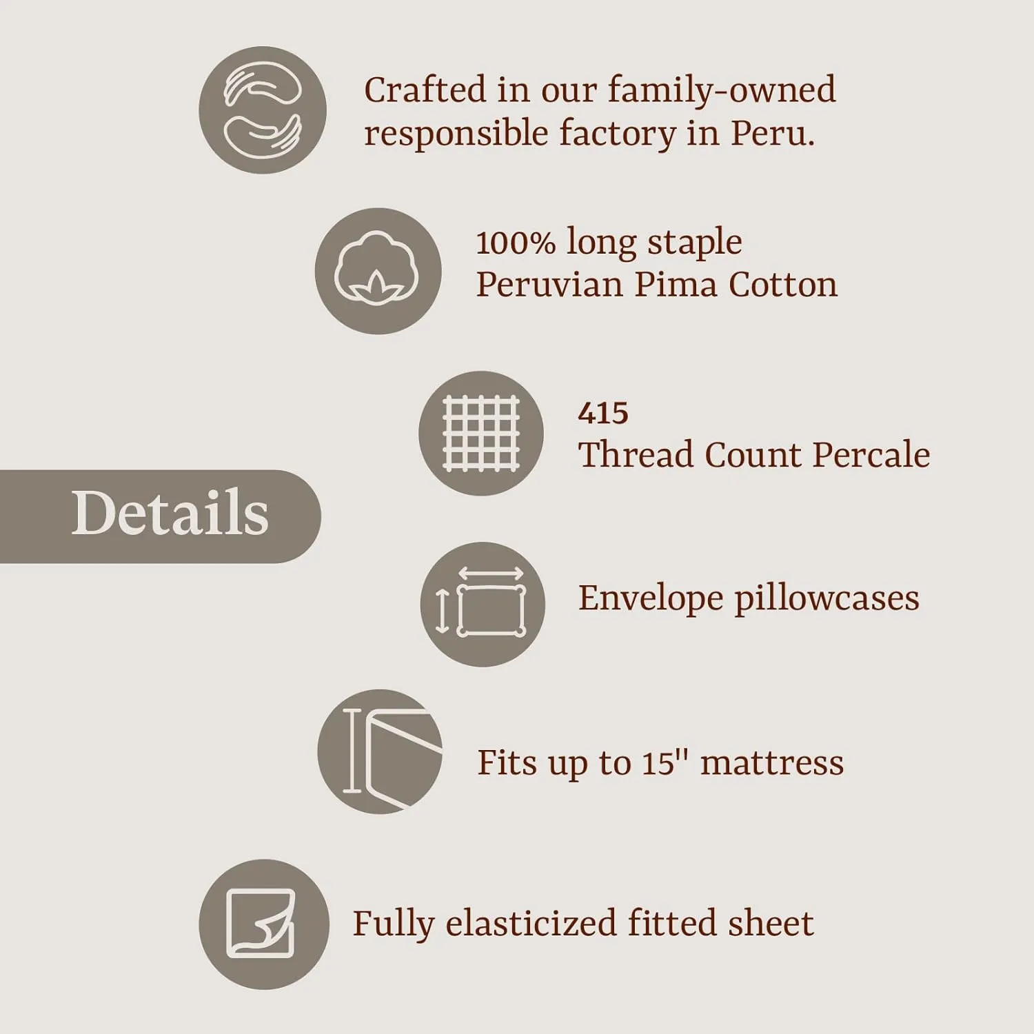 Peru Pima Bed Sheet Set – Queen Size, 4 Pieces, 100% Peruvian Pima Cotton, Percale, 415 Thread Count, Cooling, Breathable & Soft, Hotel-Quality Bedding, Ivory