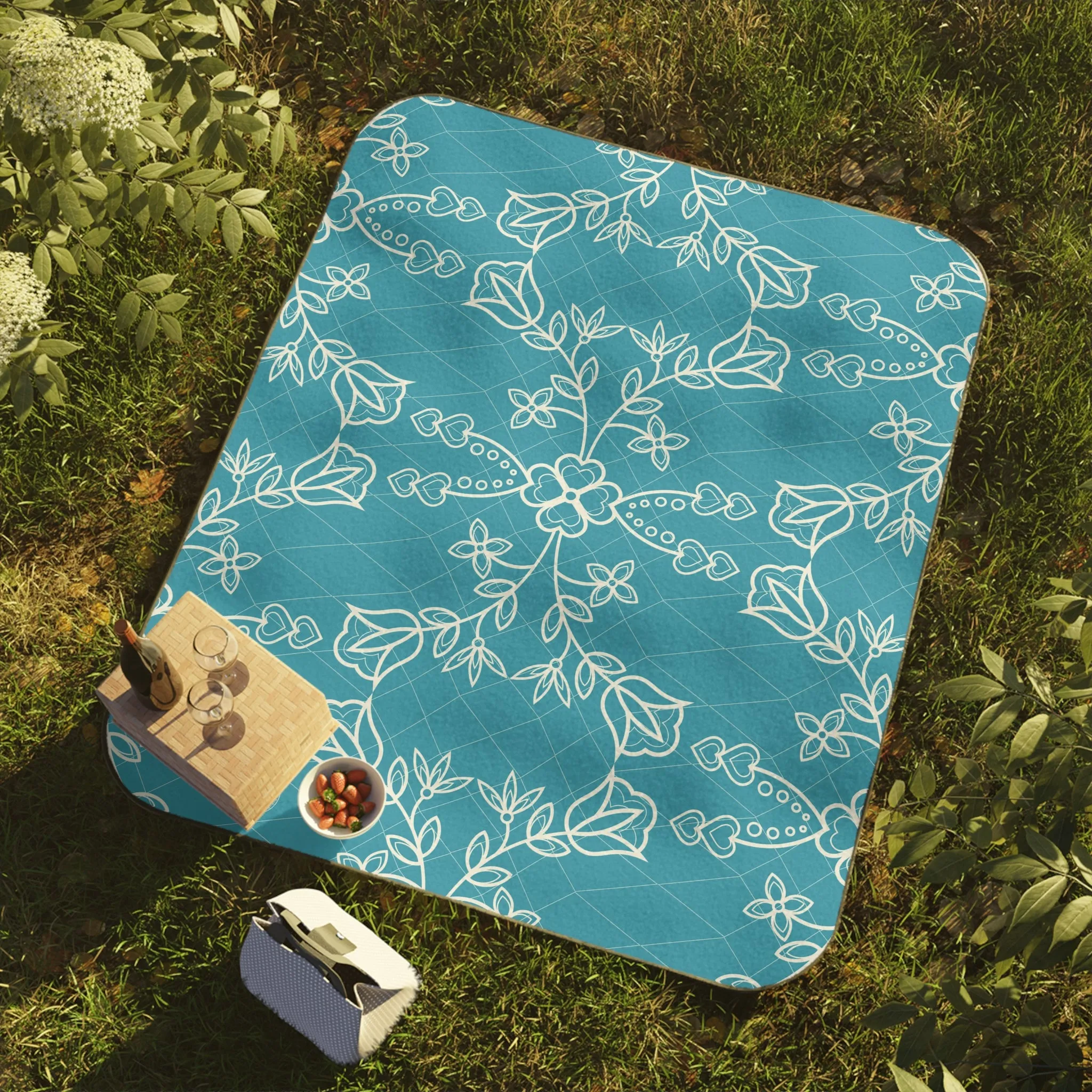 Picnic Turquoise Blanket CM Floral Outline Giant bargain - Simple