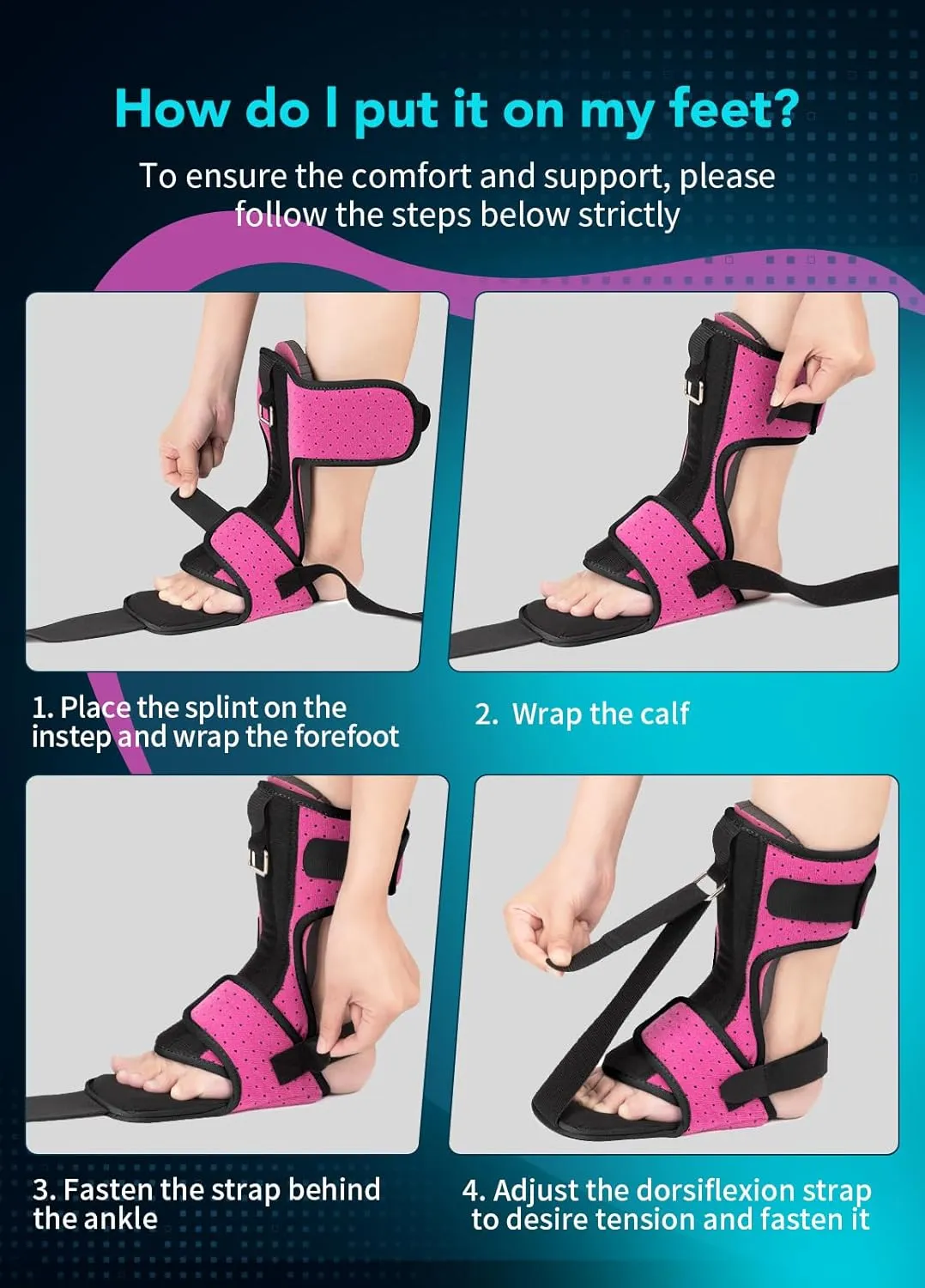 Plantar Fasciitis Night Splint with Massage Ball for Plantar Fasciitis Relief, 2 Pack Comfortable Plantar Fasciitis Brace for Achilles Tendonitis Heal Spur Foot-drop Flat-arch, Free Size for Men and Women - Pink