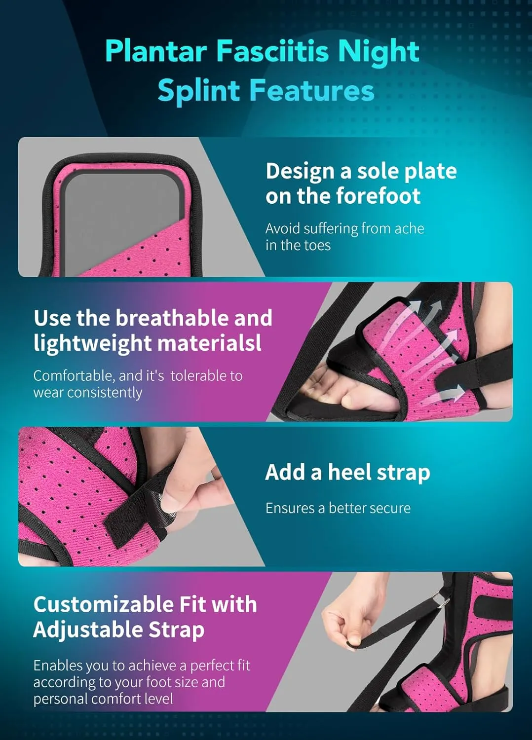Plantar Fasciitis Night Splint with Massage Ball for Plantar Fasciitis Relief, 2 Pack Comfortable Plantar Fasciitis Brace for Achilles Tendonitis Heal Spur Foot-drop Flat-arch, Free Size for Men and Women - Pink