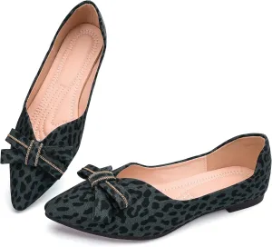 Pointed end Women Flat Shoes Classic Leopard Print Flat Shoes with Bow Decoration, Casual and Comfortable Flat Shoes