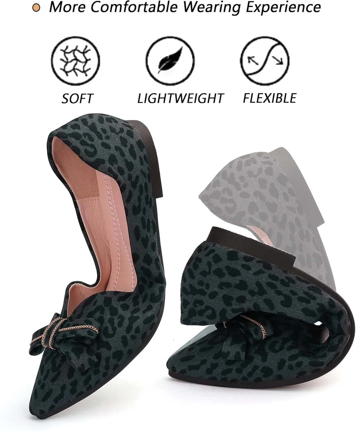 Pointed end Women Flat Shoes Classic Leopard Print Flat Shoes with Bow Decoration, Casual and Comfortable Flat Shoes