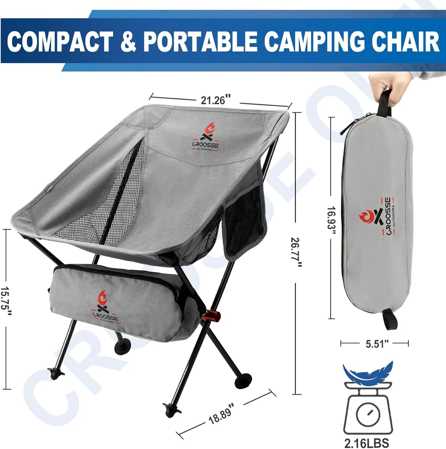 Portable Folding Camping Chair - Outdoor Compact Camping Chair for Adults, Lightweight Small Chair for Beach, Lawn, Backpacking by Croosseoutdoors