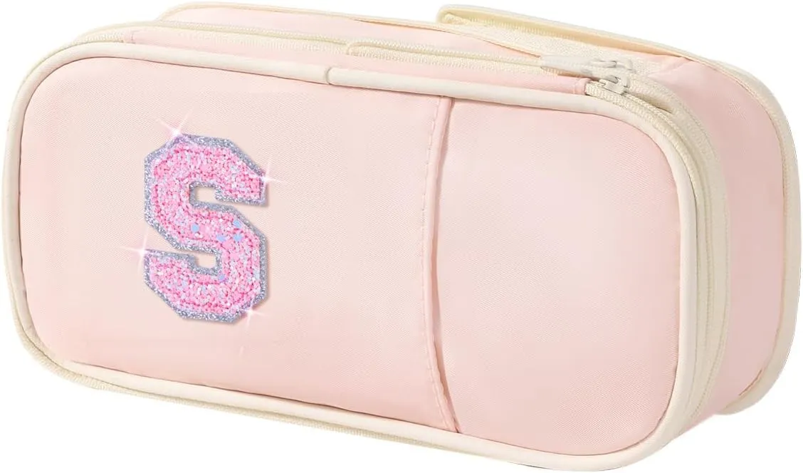 Preppy Pencil Case for School Supplies, Initial Large Pink Pencil Case Organizer with Zipper, Cute Pencil Bag Holder for Office, Ideal Birthday Gift for Kids,8,9,10 Years Old Girls, Adults--Pink S