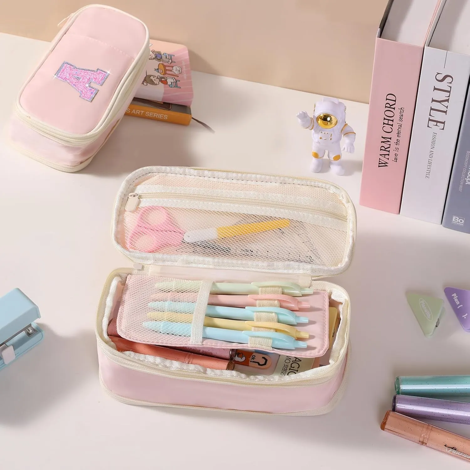 Preppy Pencil Case for School Supplies, Initial Large Pink Pencil Case Organizer with Zipper, Cute Pencil Bag Holder for Office, Ideal Birthday Gift for Kids,8,9,10 Years Old Girls, Adults--Pink S
