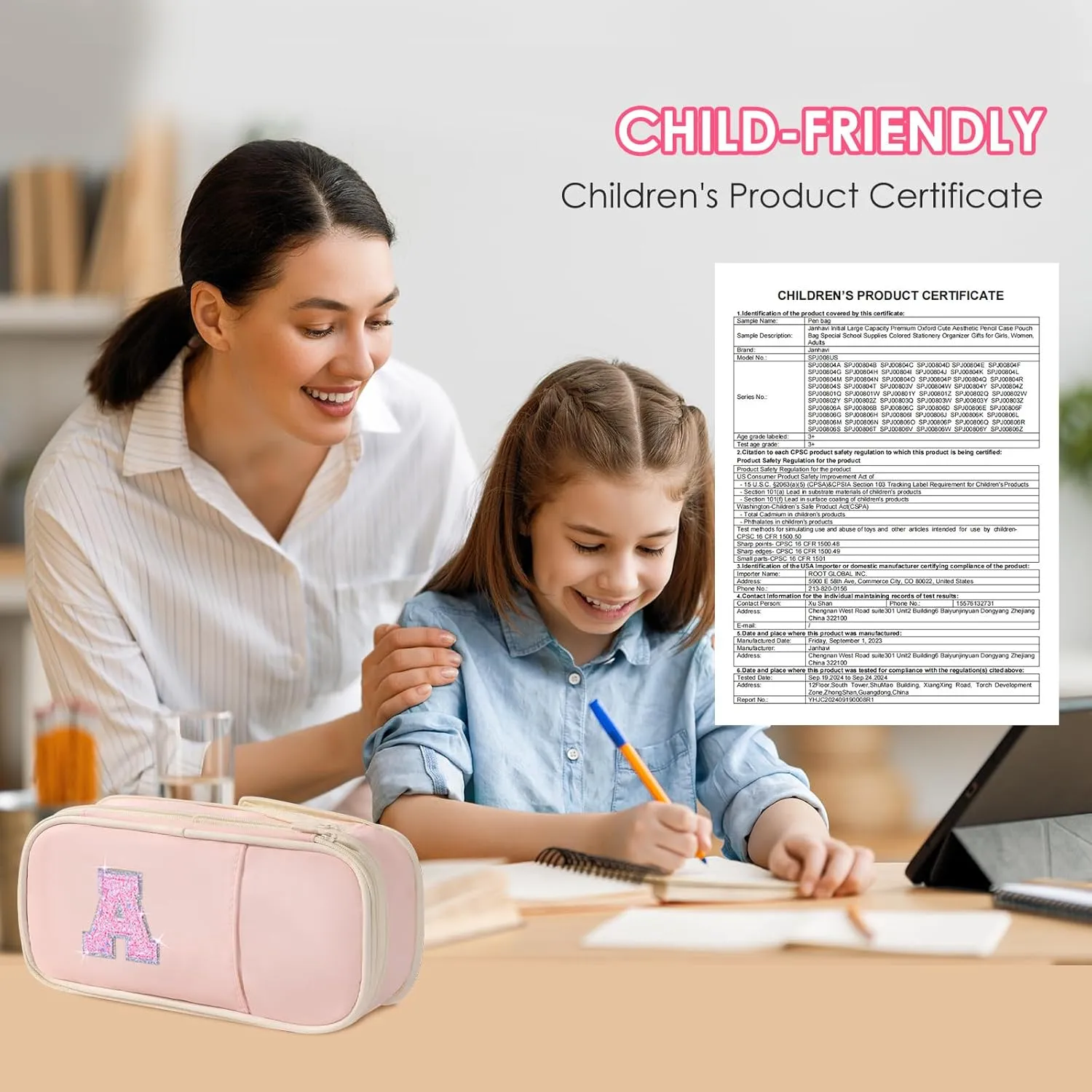 Preppy Pencil Case for School Supplies, Initial Large Pink Pencil Case Organizer with Zipper, Cute Pencil Bag Holder for Office, Ideal Birthday Gift for Kids,8,9,10 Years Old Girls, Adults--Pink S