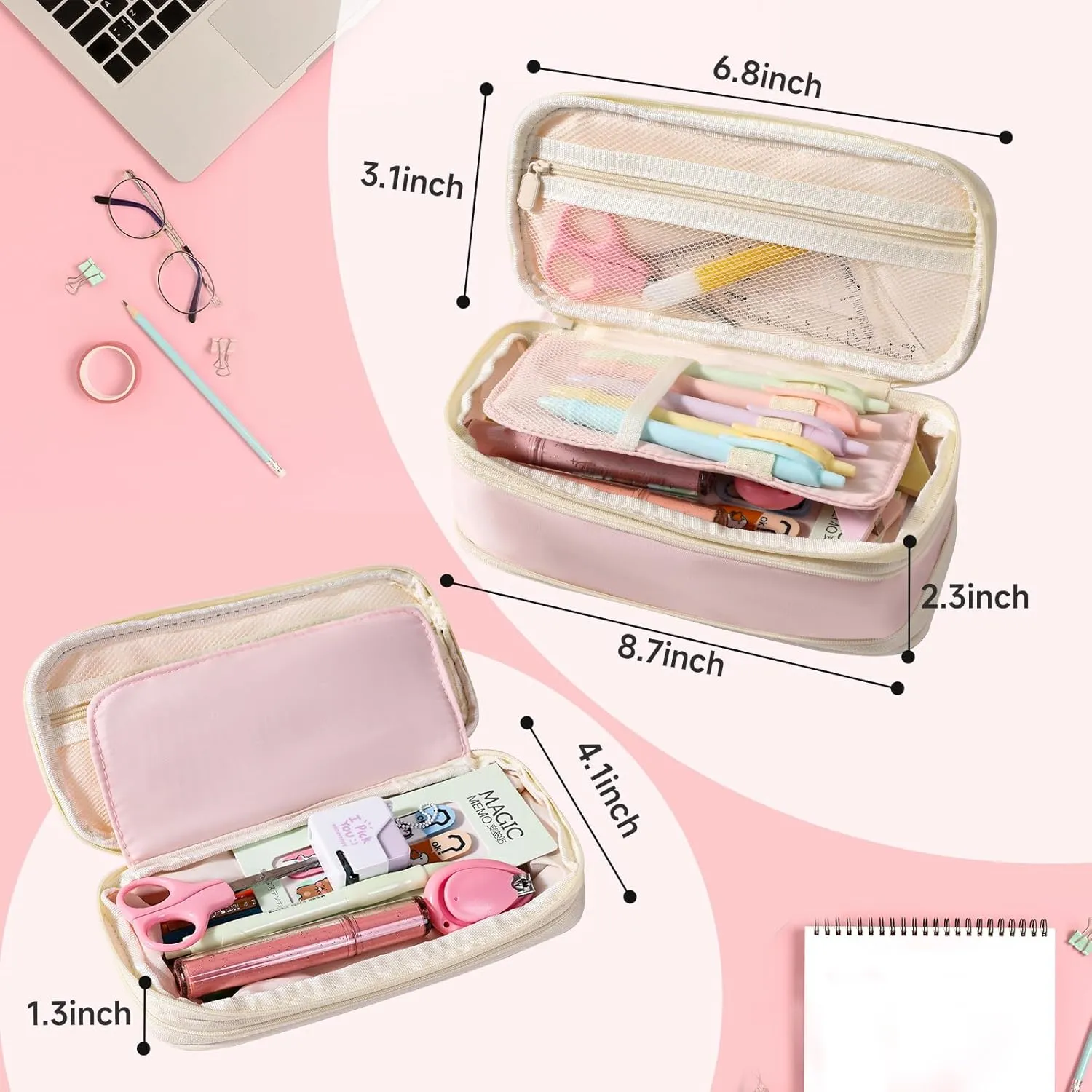 Preppy Pencil Case for School Supplies, Initial Large Pink Pencil Case Organizer with Zipper, Cute Pencil Bag Holder for Office, Ideal Birthday Gift for Kids,8,9,10 Years Old Girls, Adults--Pink S