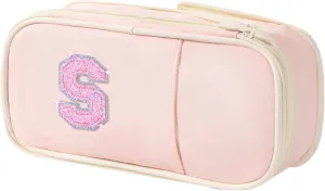 Preppy Pencil Case for School Supplies, Initial Large Pink Pencil Case Organizer with Zipper, Cute Pencil Bag Holder for Office, Ideal Birthday Gift for Kids,8,9,10 Years Old Girls, Adults--Pink S