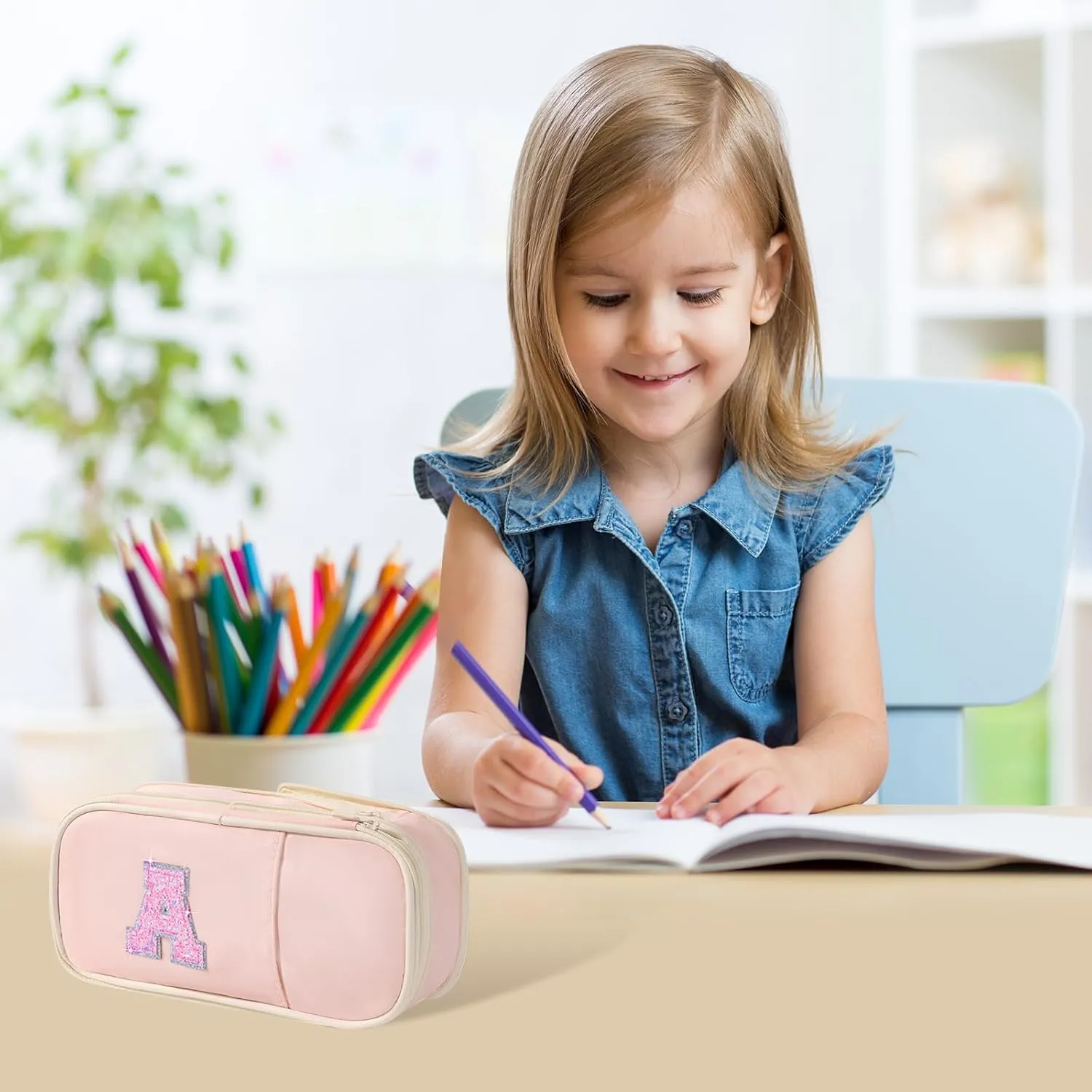 Preppy Pencil Case for School Supplies, Initial Large Pink Pencil Case Organizer with Zipper, Cute Pencil Bag Holder for Office, Ideal Birthday Gift for Kids,8,9,10 Years Old Girls, Adults--Pink S