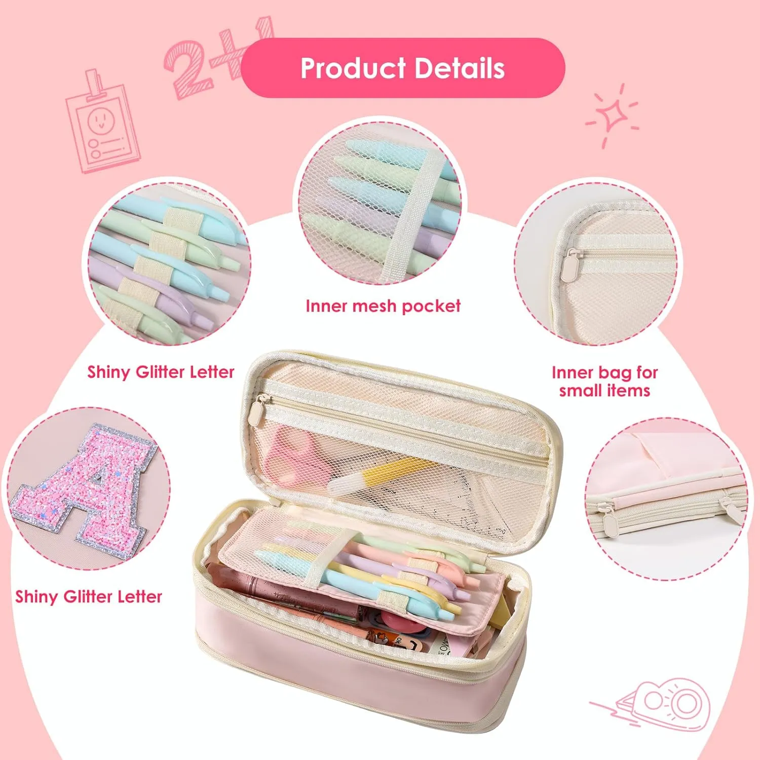 Preppy Pencil Case for School Supplies, Initial Large Pink Pencil Case Organizer with Zipper, Cute Pencil Bag Holder for Office, Ideal Birthday Gift for Kids,8,9,10 Years Old Girls, Adults--Pink S